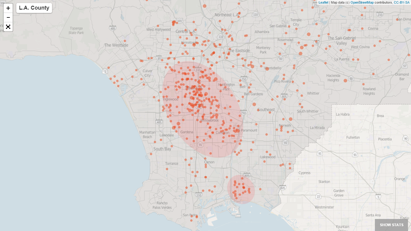 LA homicide map zoom in with specified areas